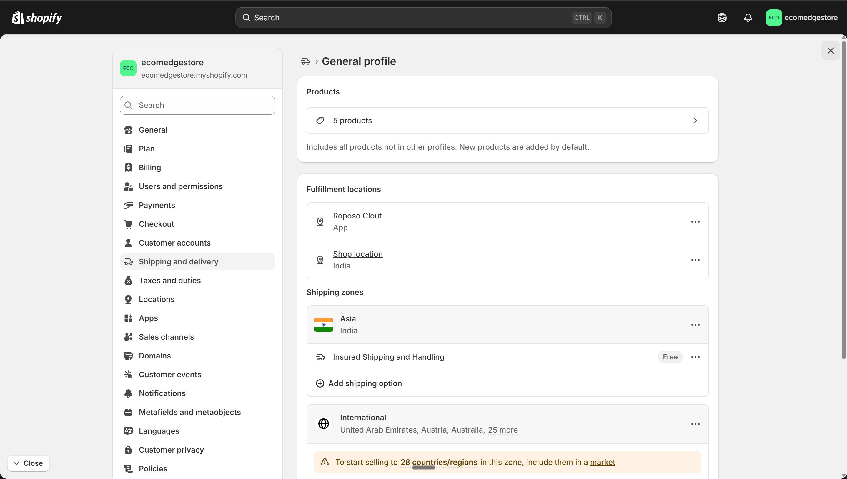 Shipping profile with zone and rate configured